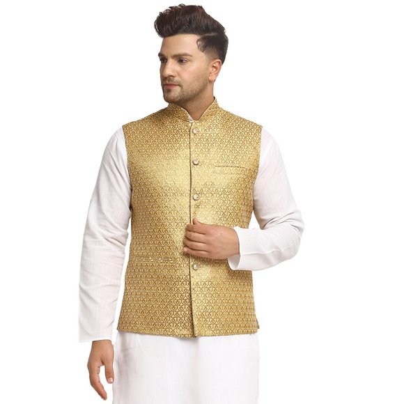 Sleeveless Traditional Brocade Silk Fabric Dark Golden Nehru Jacket by Treemoda - Picture 1 of 5